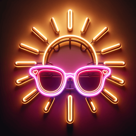 Magic Hour Neon LED Sign: A Playful Gold Sun with Pink Sunglasses on Pine Wood - Letter Lamps