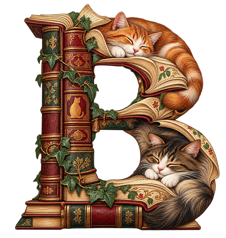 New illustrated B composed from antique books and curled cats