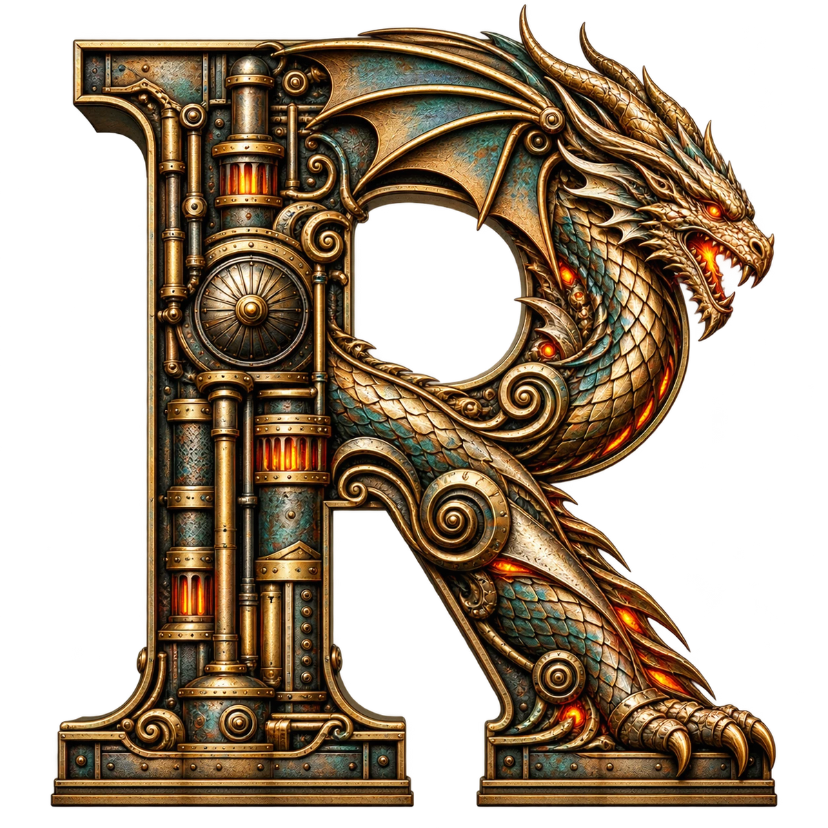 Forged in light — R artwork study with dragon and machinery