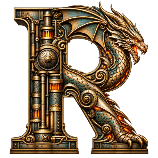 Forged in light — R artwork study with dragon and machinery
